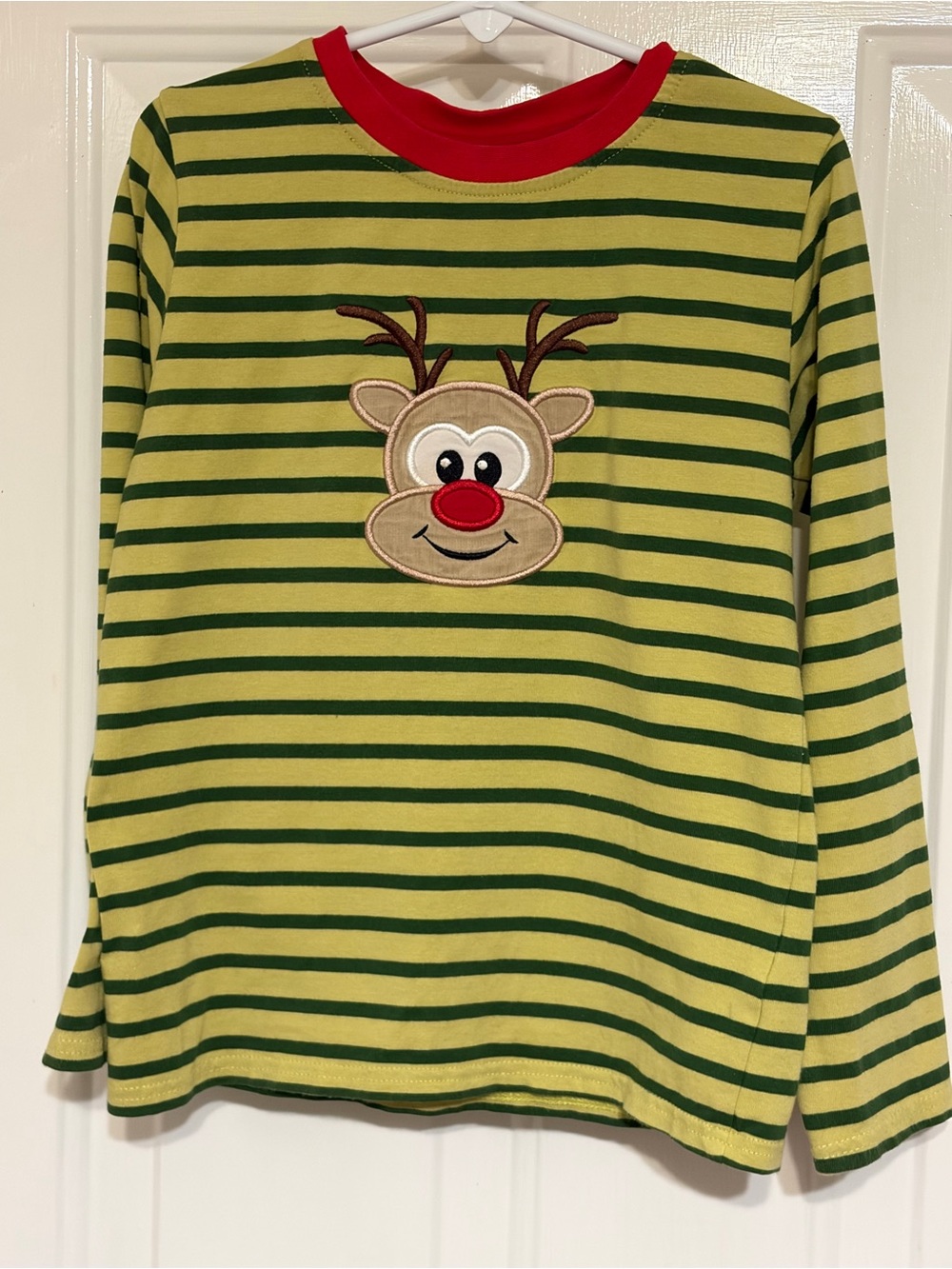 Be Mine Adorable Boys' Green Striped Christmas Reindeer Appliquéd Tee Size 7